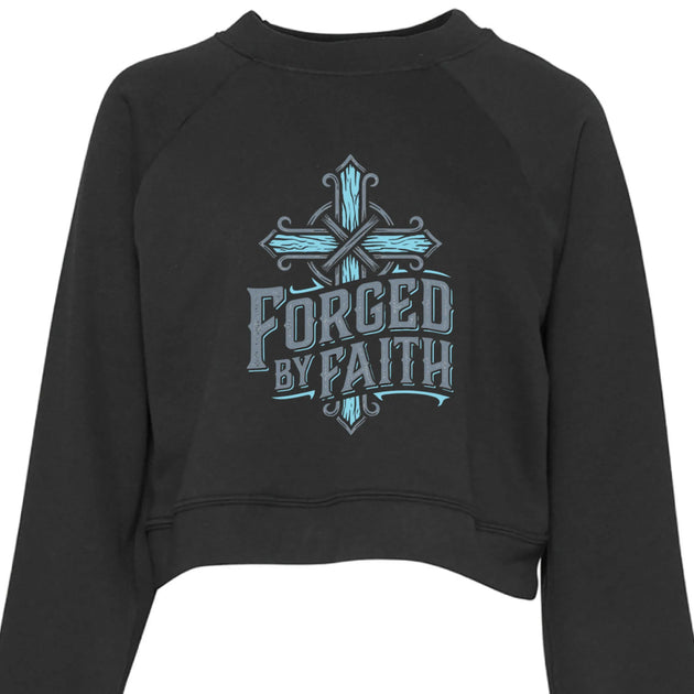 "Forged by Faith" Women's Crewneck Sweatshirt - Inspirational Christian Pullover with Sleeve Graphics - Faith Forged Designs