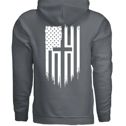 Faith &amp; Freedom Distressed Cross Flag Hoodie - Faith Forged Designs