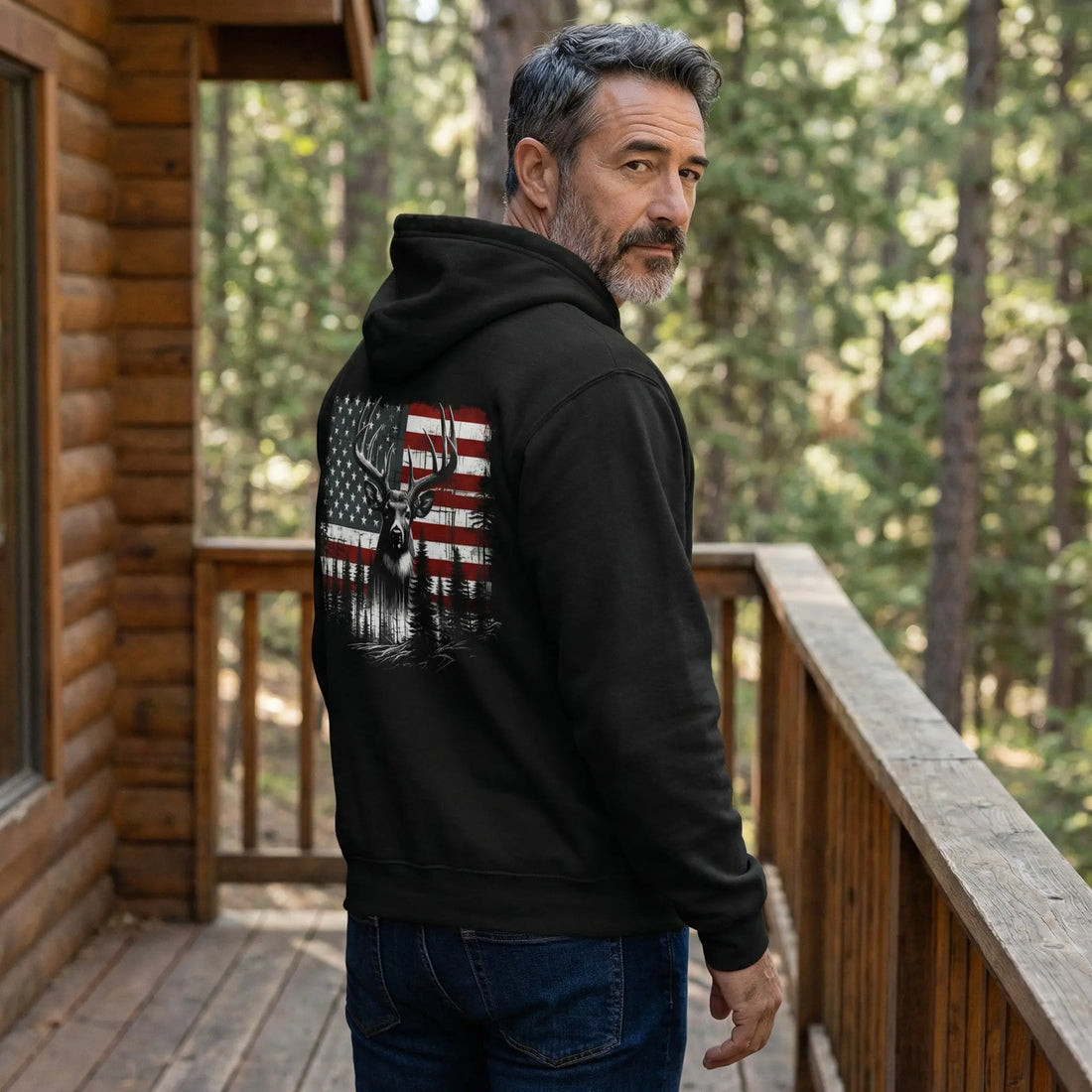 Patriotic Buck in the Pines – American Flag Deer Hoodie