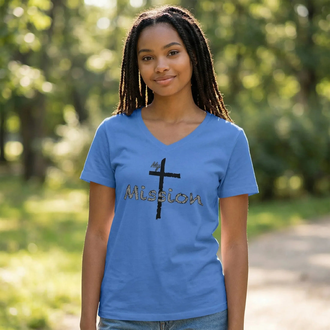 My Mission | Distressed Cross Christian V-Neck T-Shirt - Faith Forged Designs