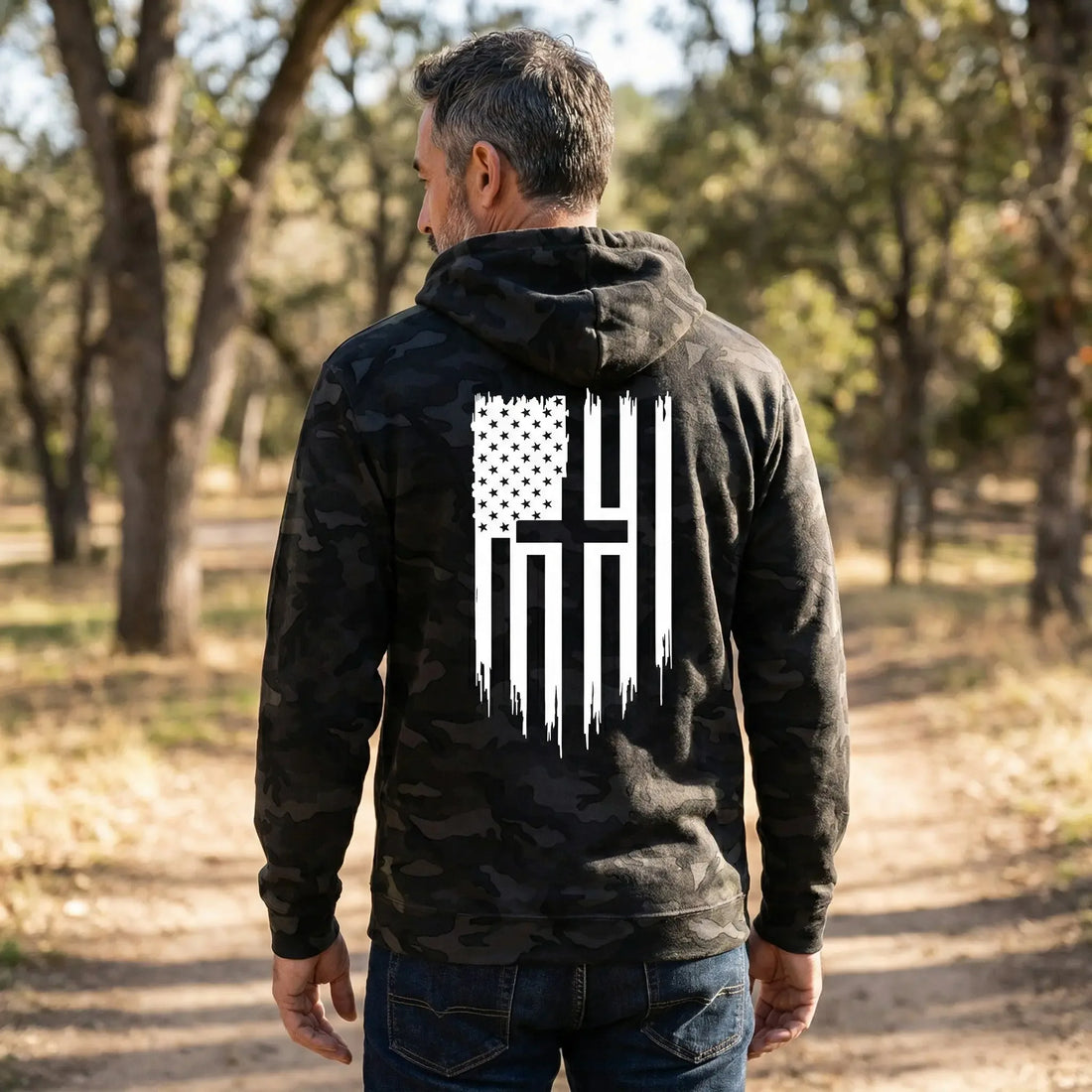 Faith &amp; Freedom Distressed Cross Flag Hoodie - Faith Forged Designs