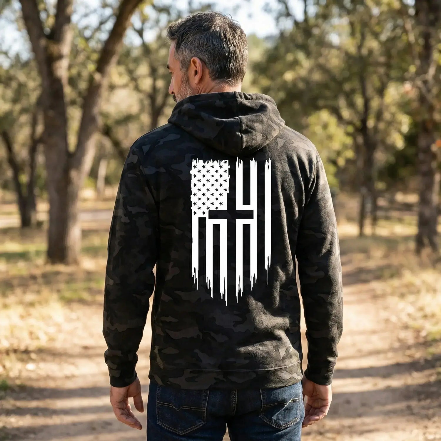 Faith &amp; Freedom Distressed Cross Flag Hoodie - Faith Forged Designs